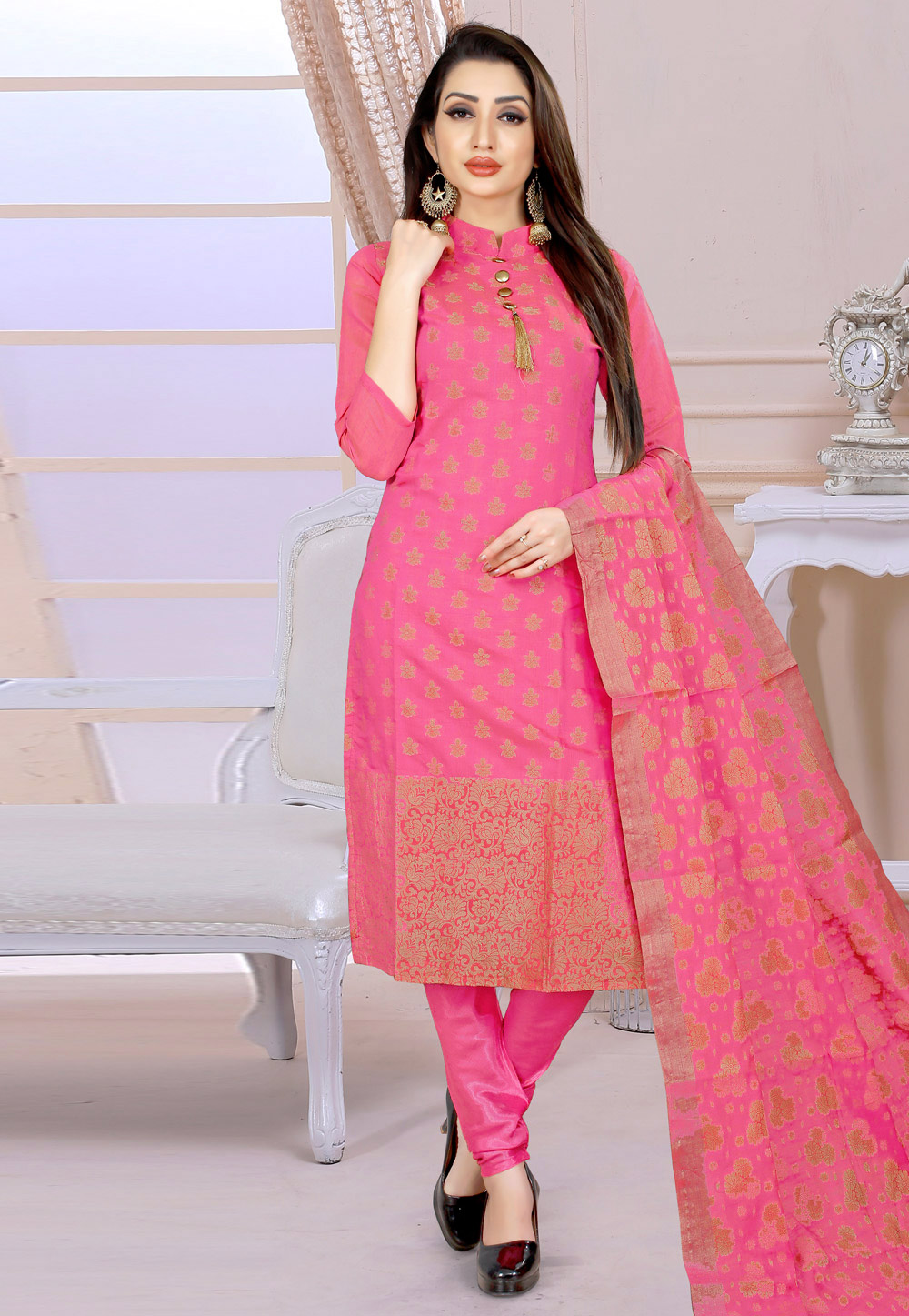 Pink Satin Churidar Suit 182645