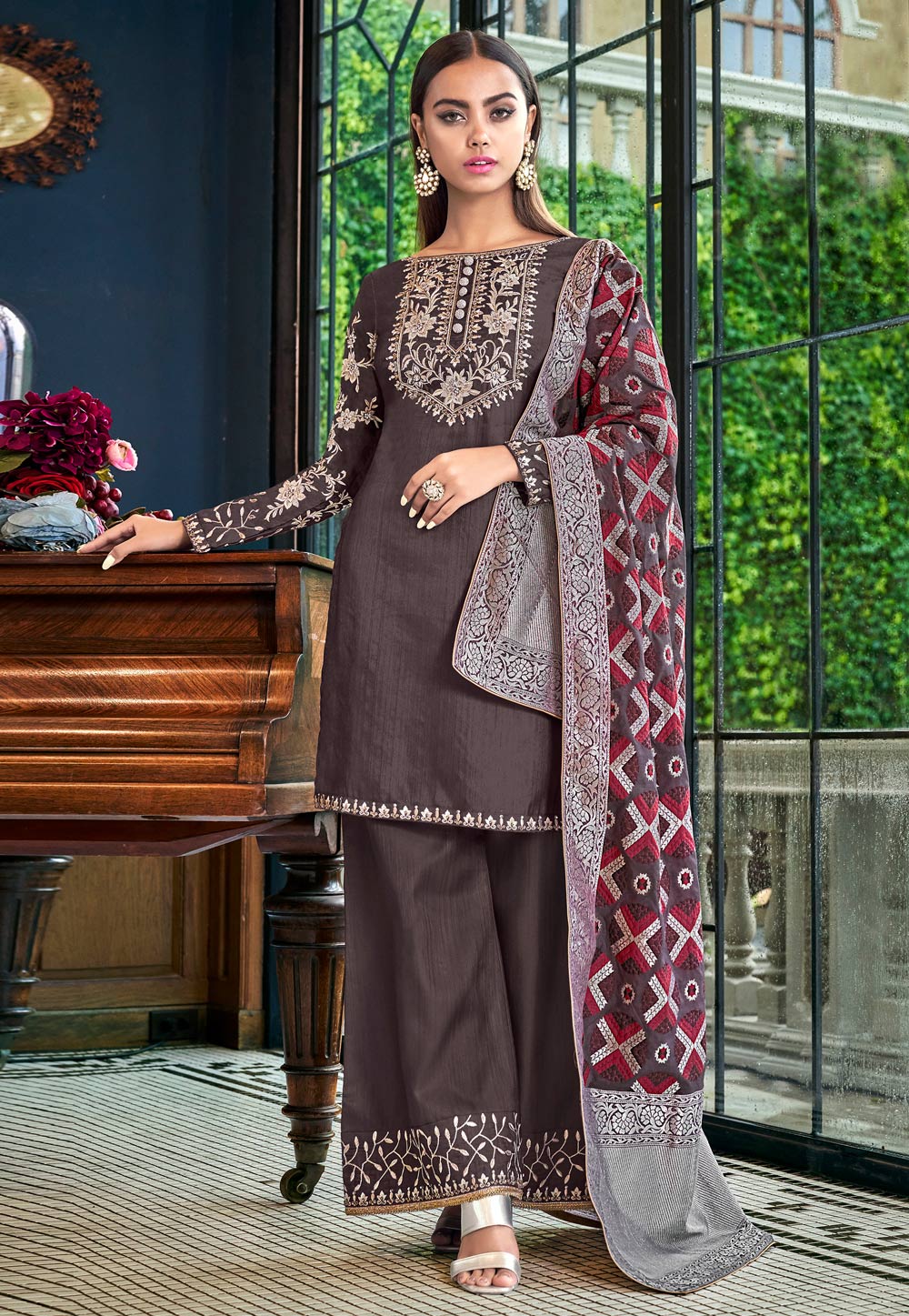 Brown Satin Embroidered Palazzo Suit 186831