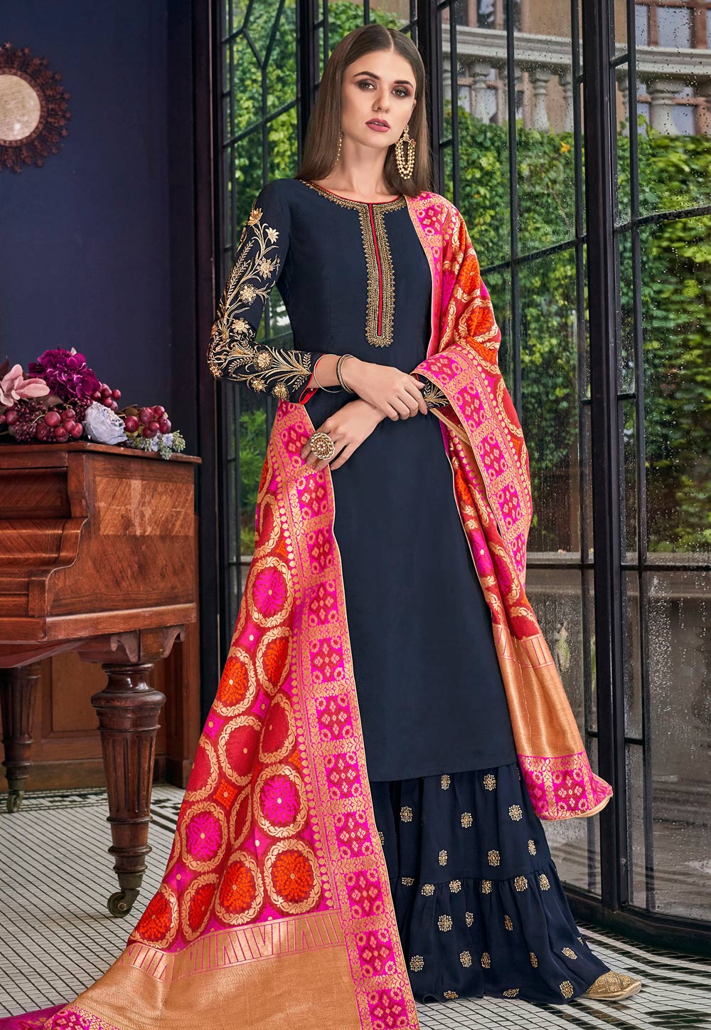 Navy Blue Silk Embroidered Sharara Suit 186832