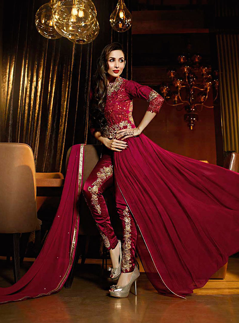 Malaika Arora Khan Maroon Georgette Designer Suit 71035