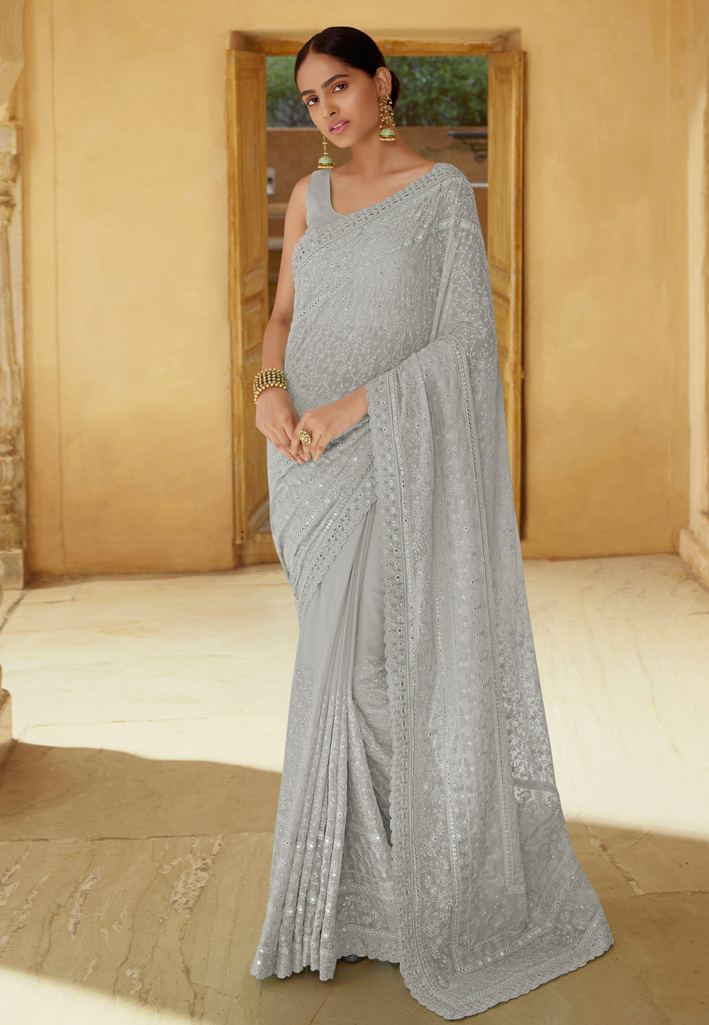 Grey Georgette Saree With Blouse 230123