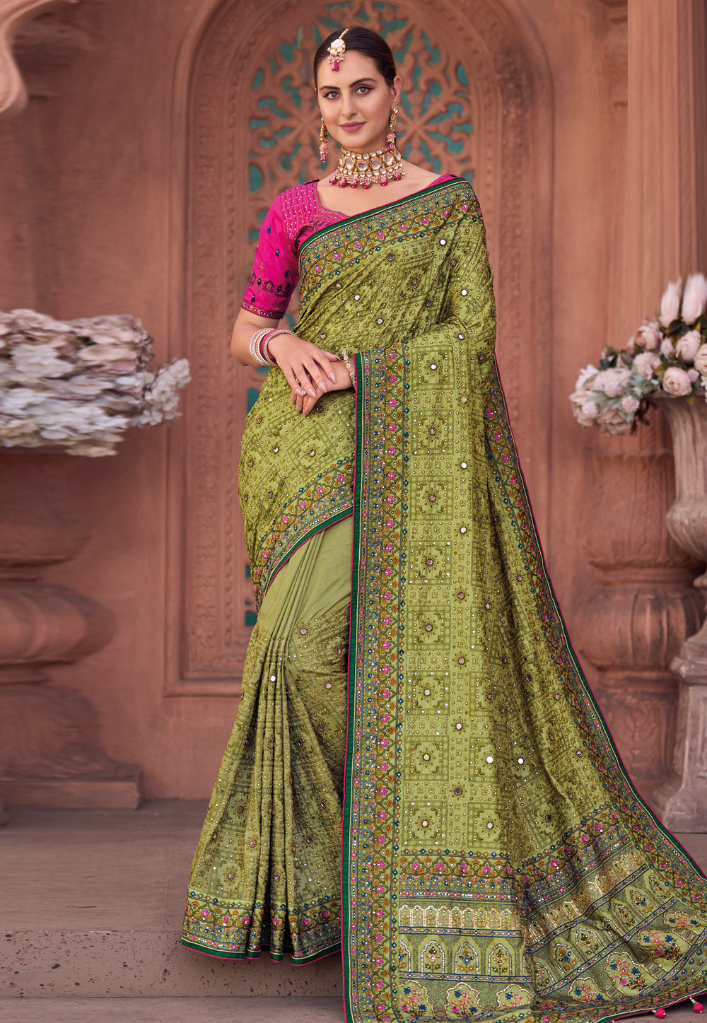 RE - Mehandi Green Colored Vichitra Silk Saree - Featured Product