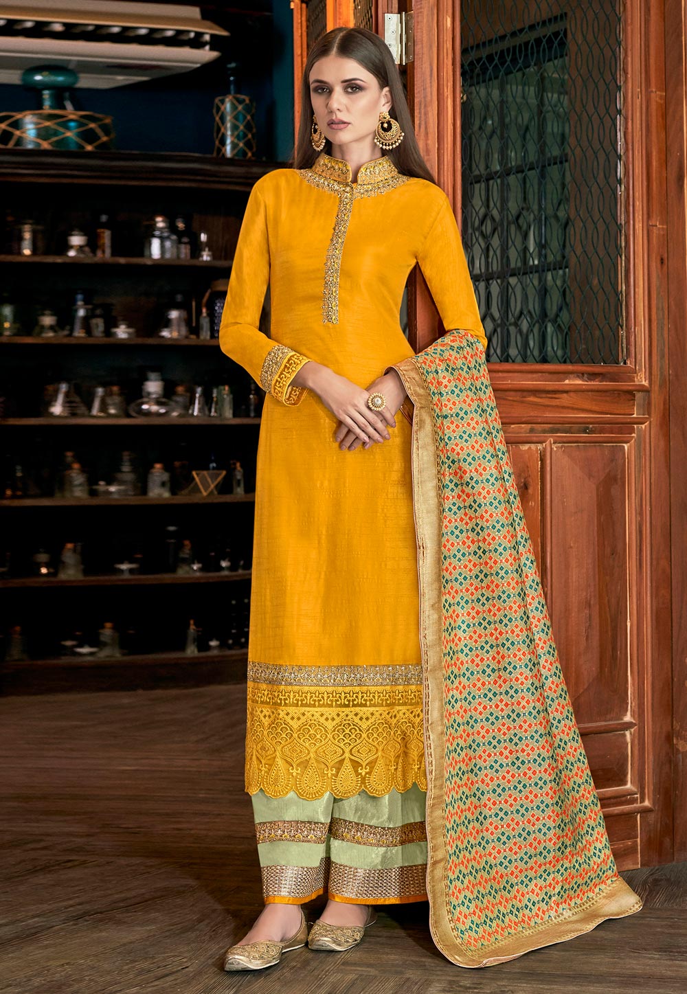 Yellow Silk Embroidered Palazzo Suit 186833