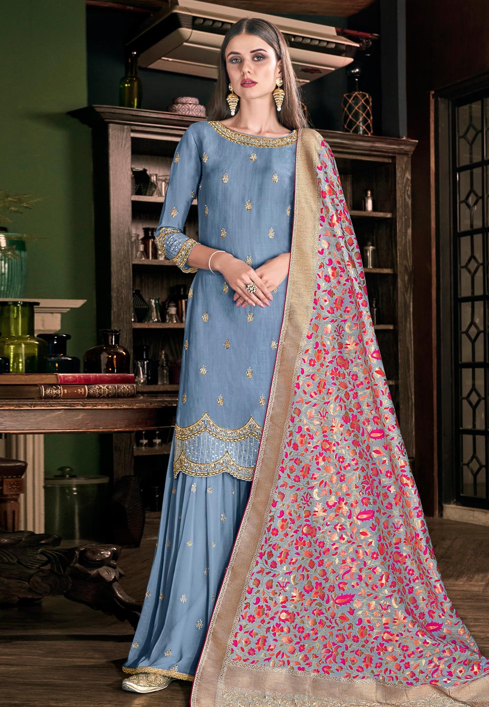 Light Blue Silk Embroidered Kameez With Palazzo 186834