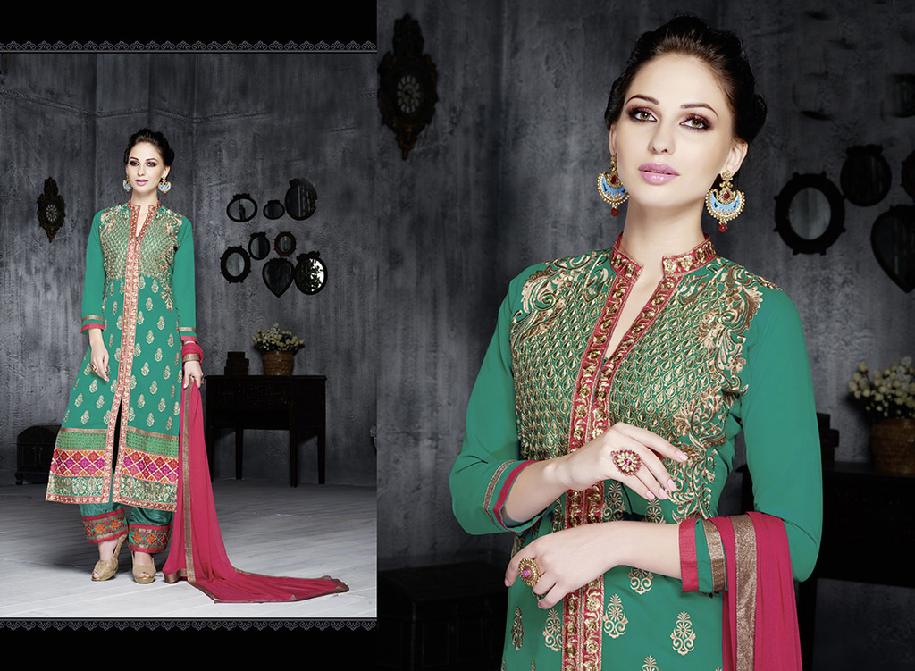 Sea Green Brasso Pakistani Style Suit 54360