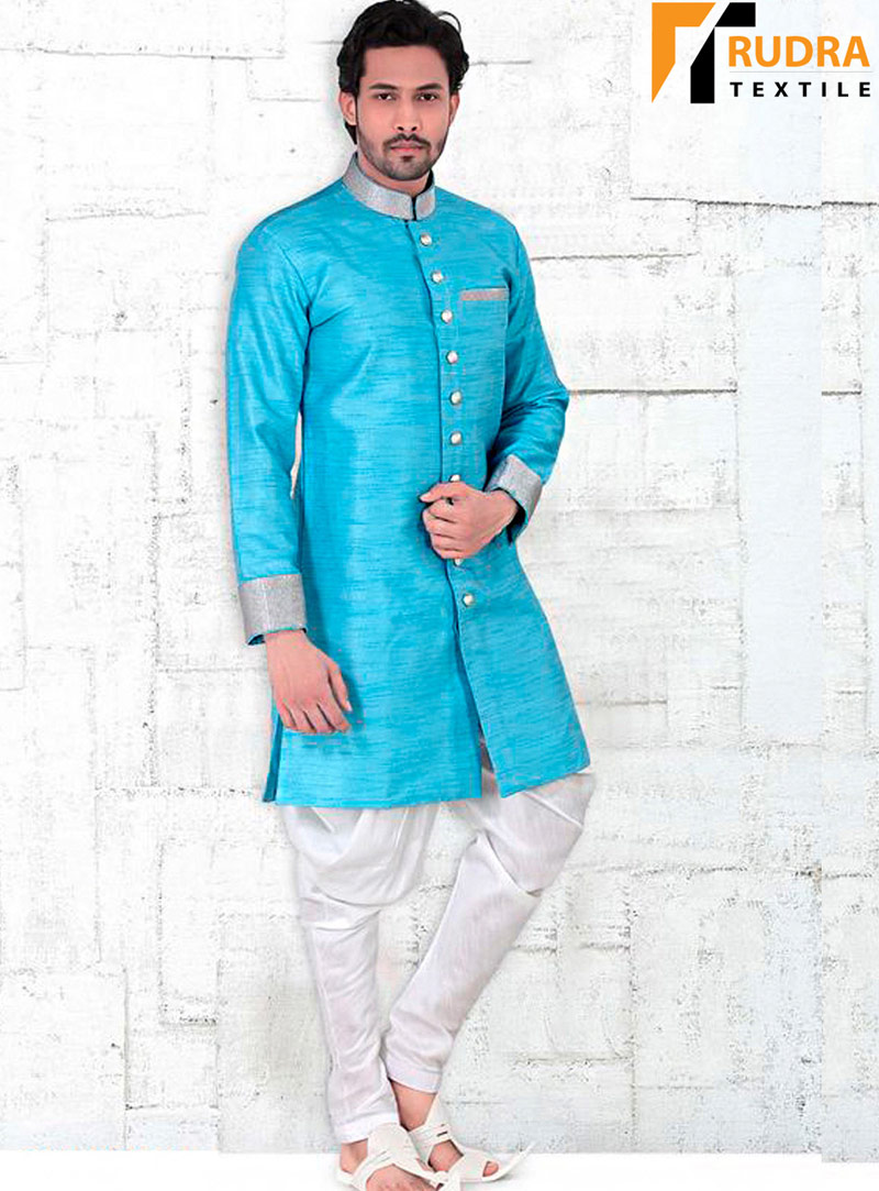 Sky Blue Banglori Silk Readymade Indo Western Suit 72021