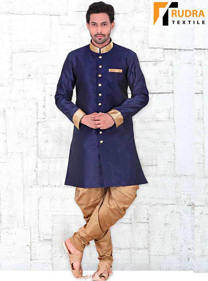 Navy Blue Banglori Silk Readymade Indo Western Suit 72026