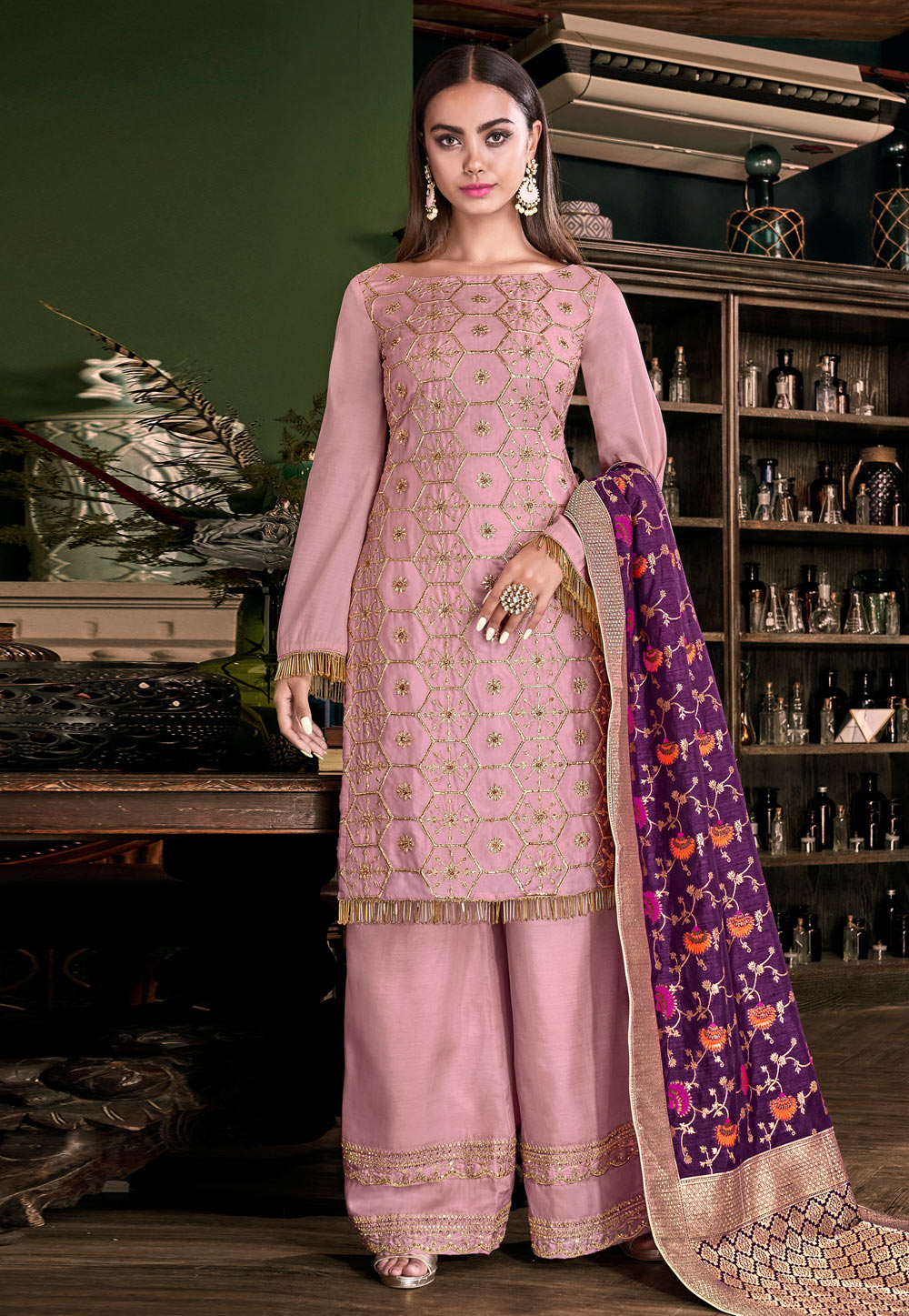Pink Tussar Embroidered Palazzo Suit 186835