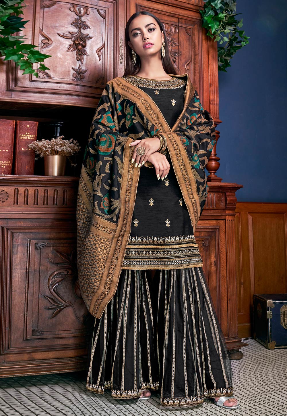 Black Banglori Silk Embroidered Sharara Suit 186836