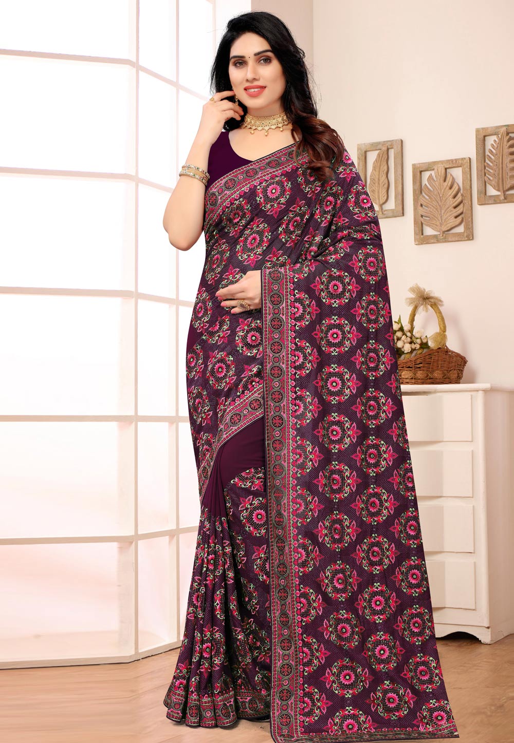 Wine Georgette Saree With Blouse 247039