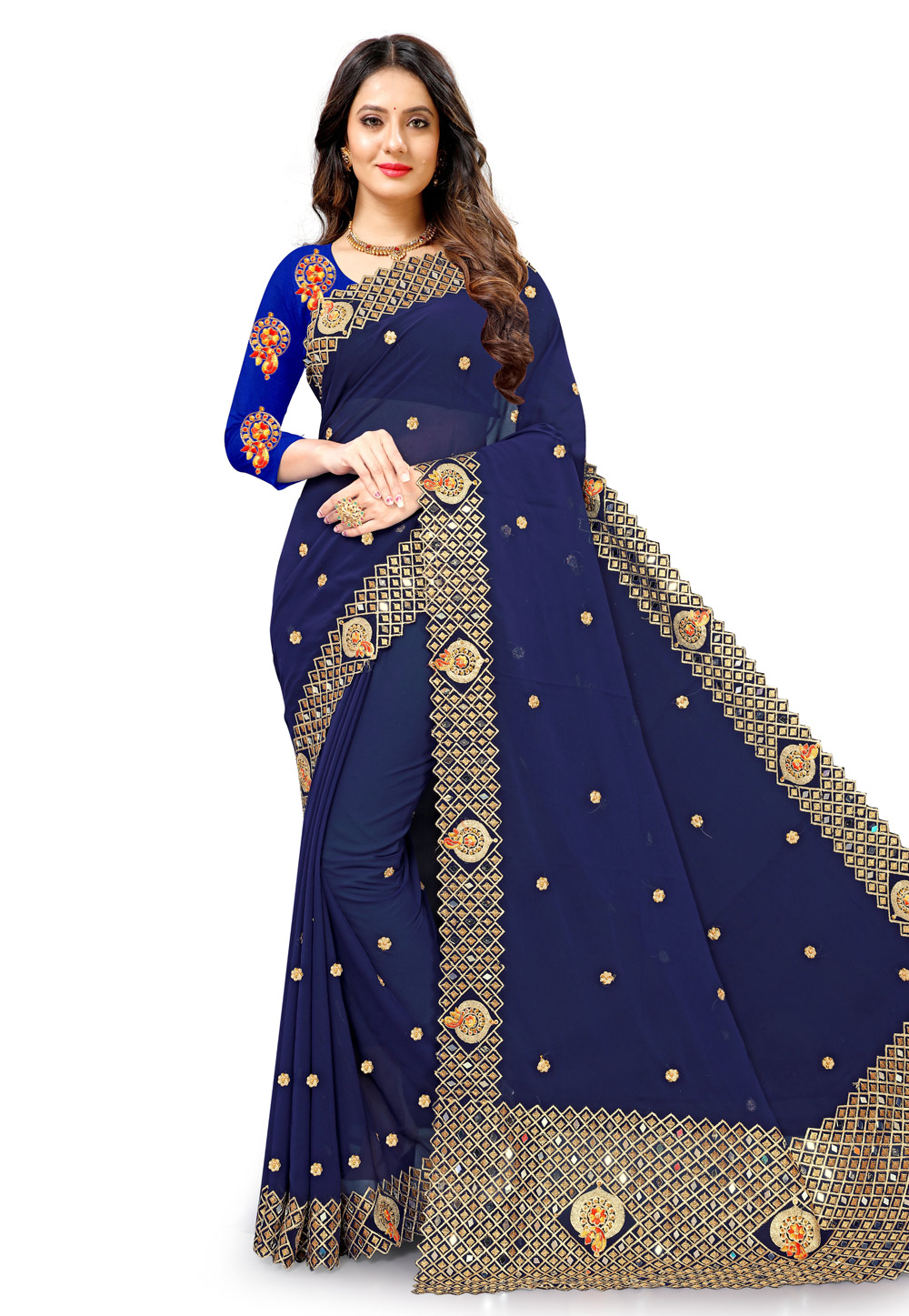 Navy Blue Georgette Saree With Blouse 236073