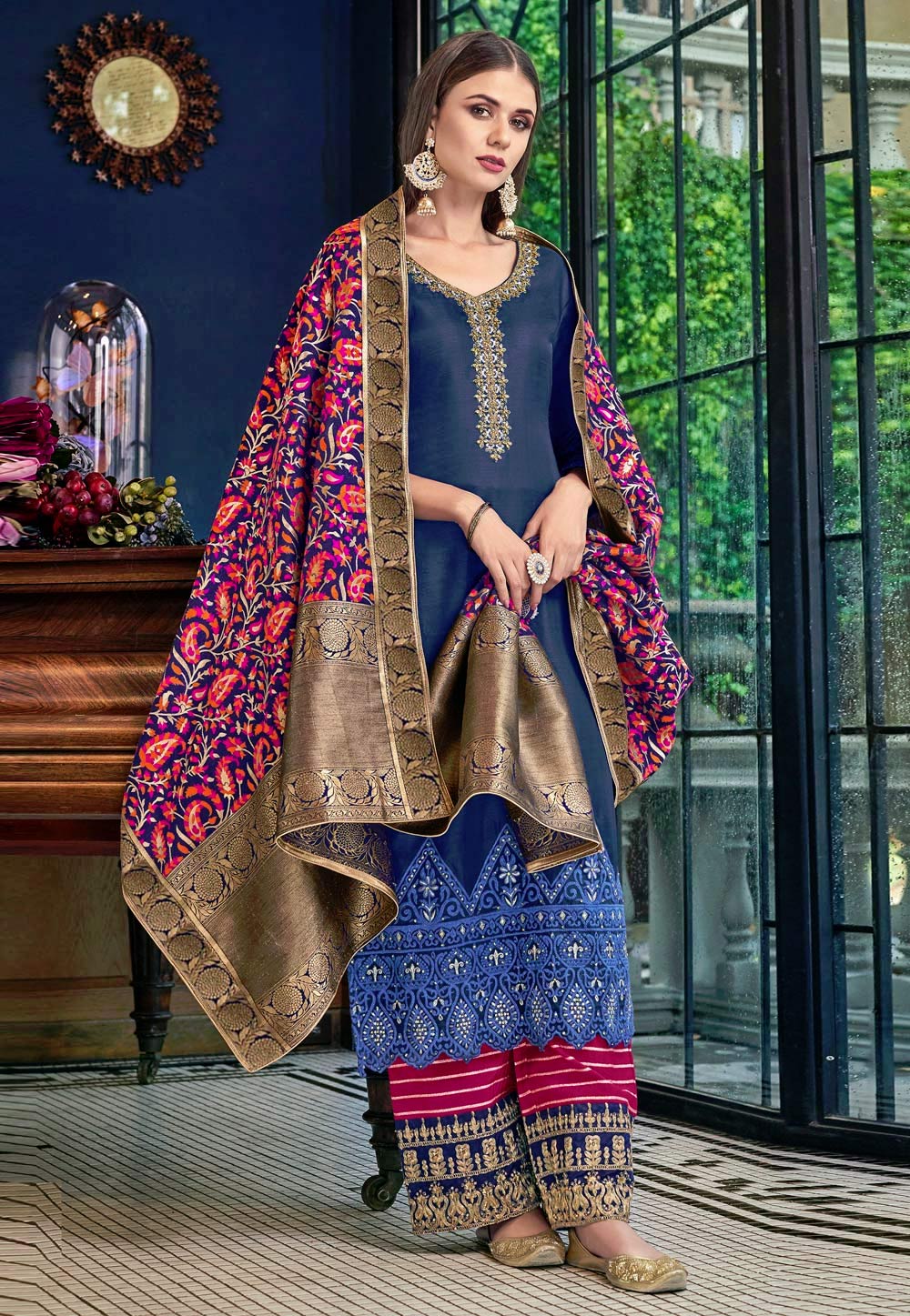 Blue Tussar Embroidered Palazzo Suit 186840