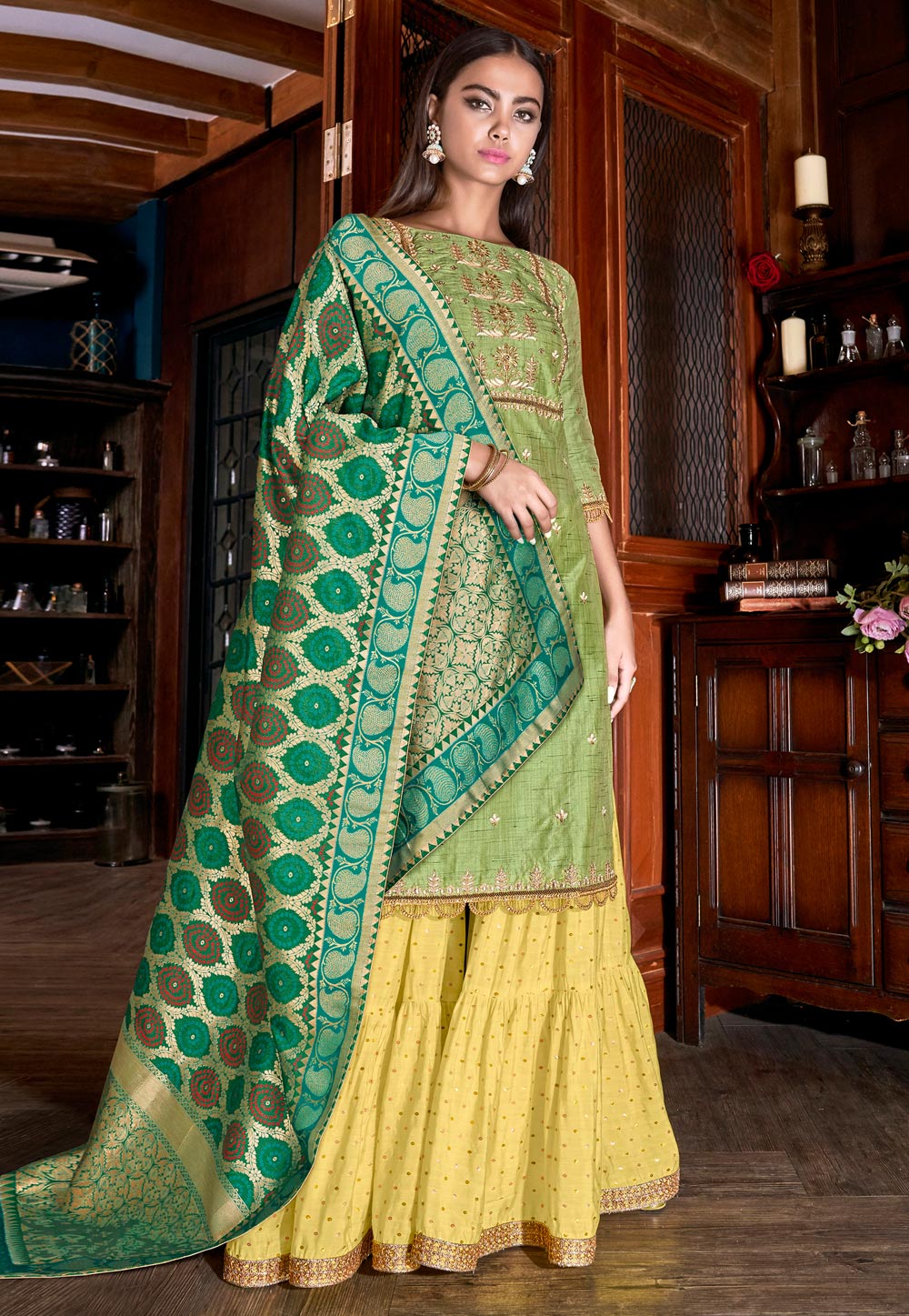 Green Silk Embroidered Sharara Suit 186841