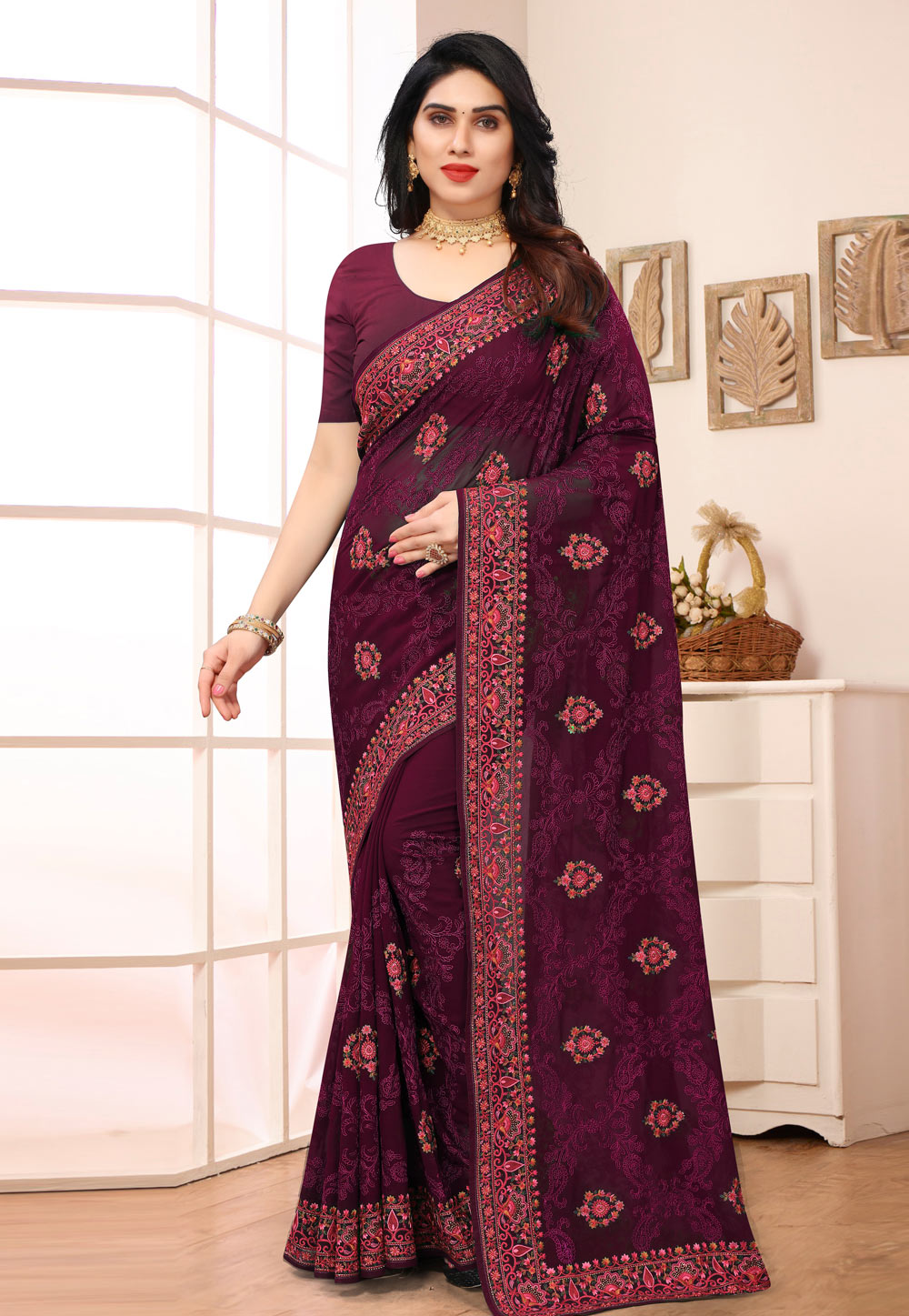 Wine Georgette Saree With Blouse 247043