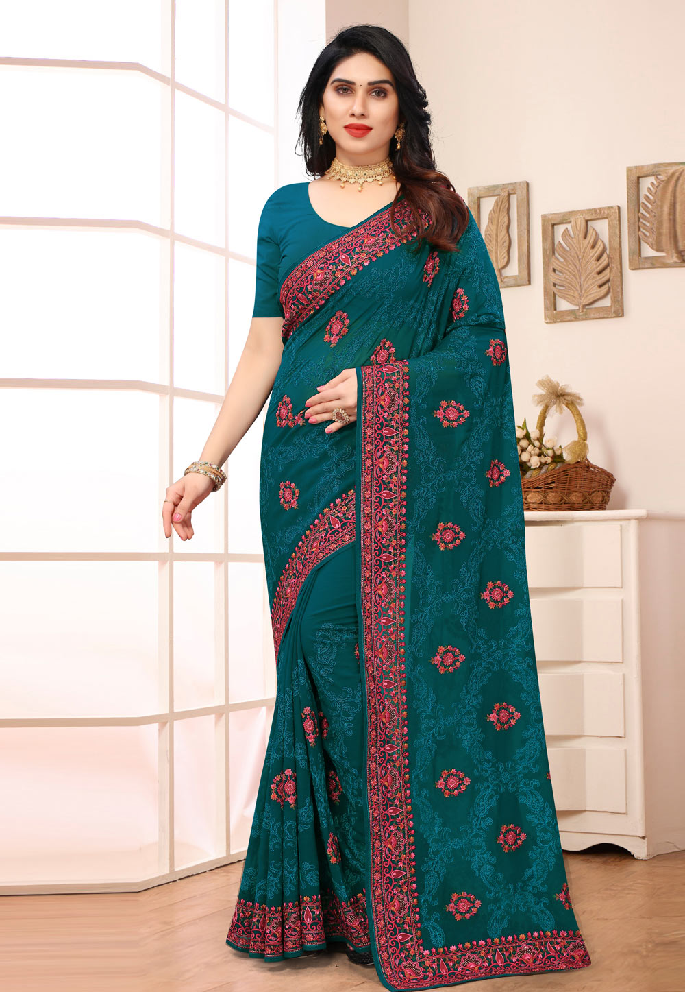 Teal Georgette Saree With Blouse 247044