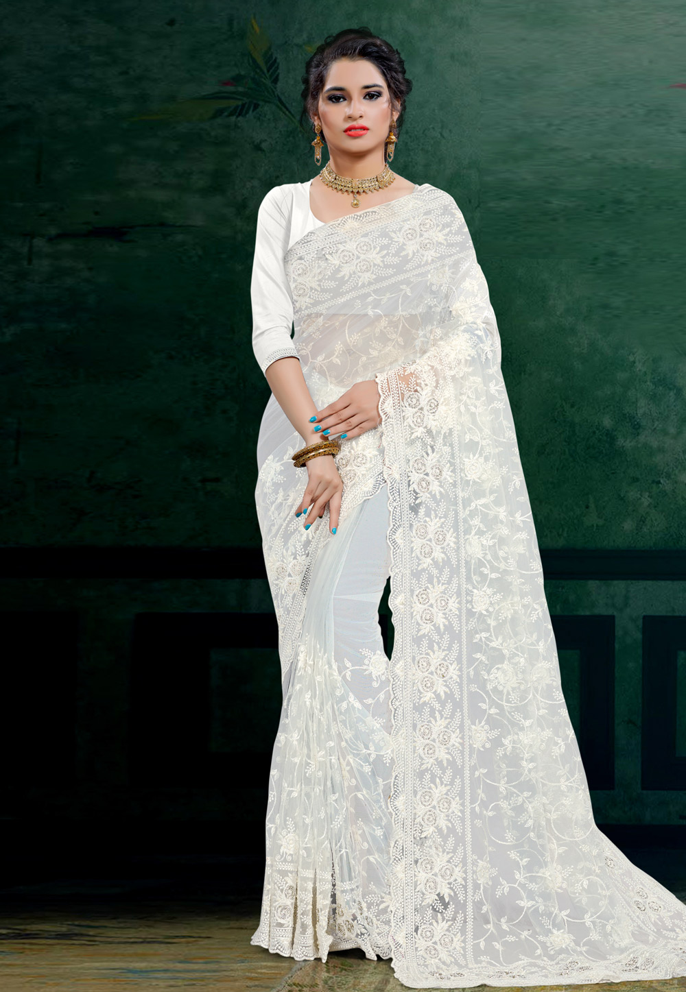 White Net Saree With Blouse 206101