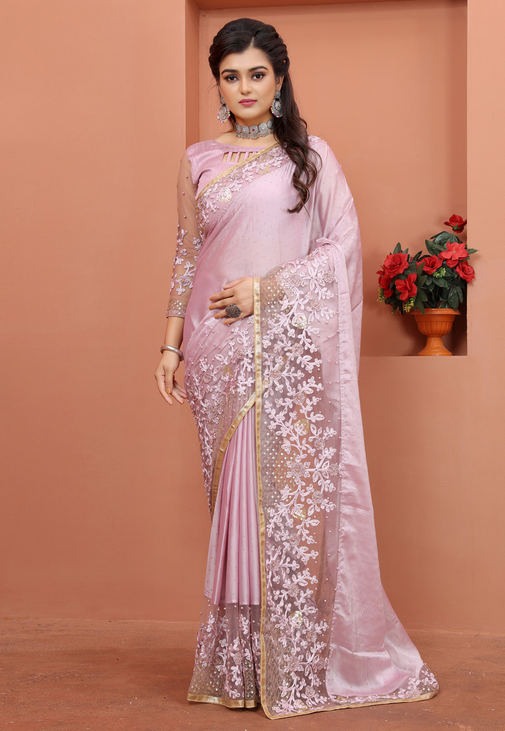 Buy Light Pink color soft lichi silk saree at fealdeal.com