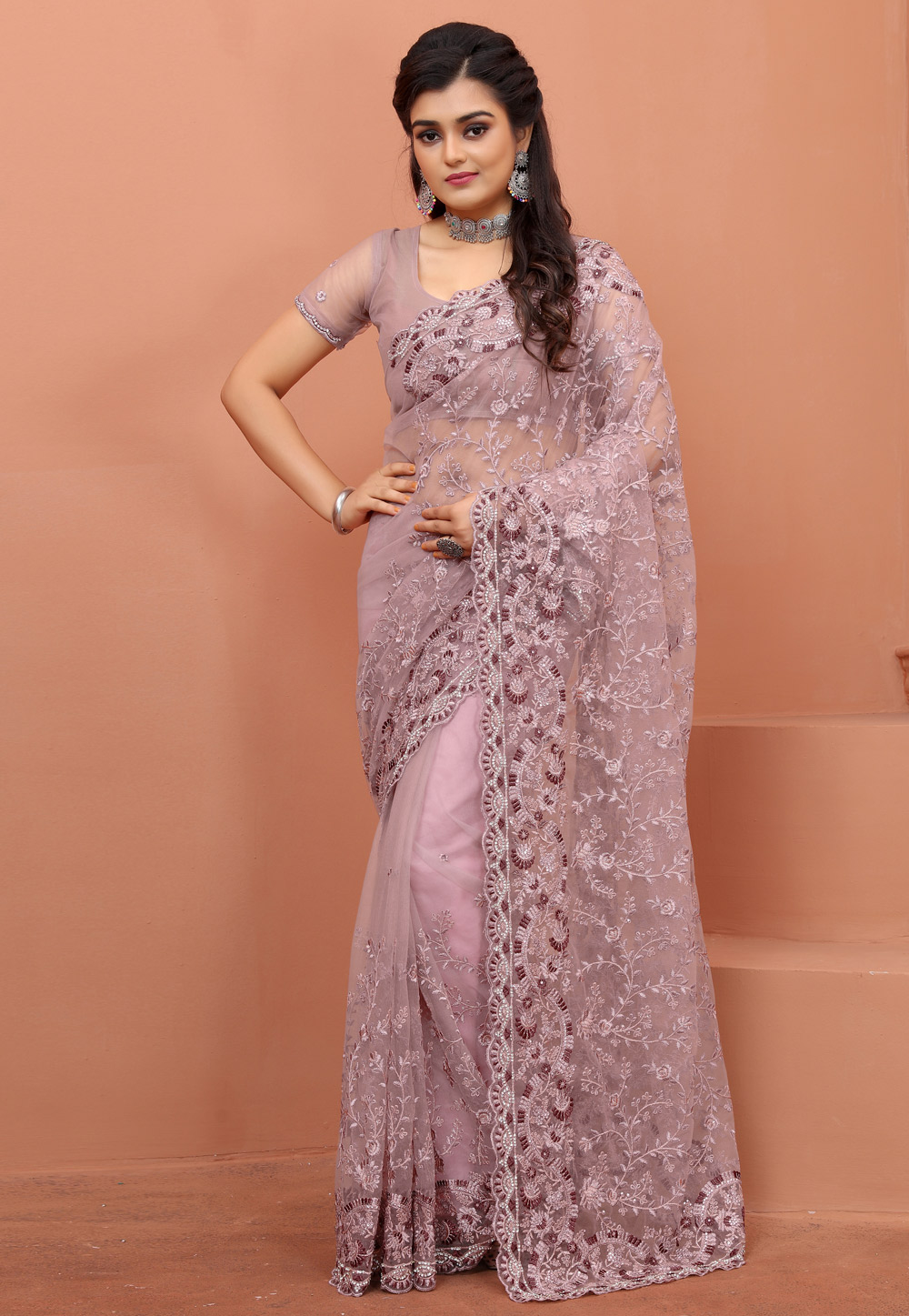 Pink Net Saree With Blouse 247562