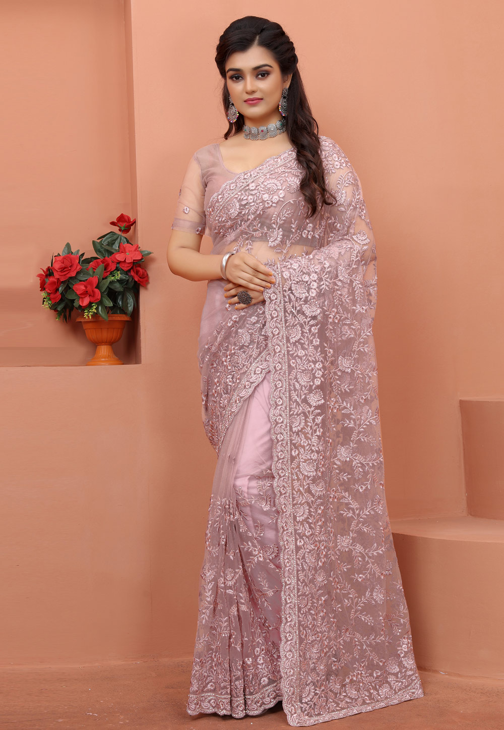 Pink Net Saree With Blouse 247563