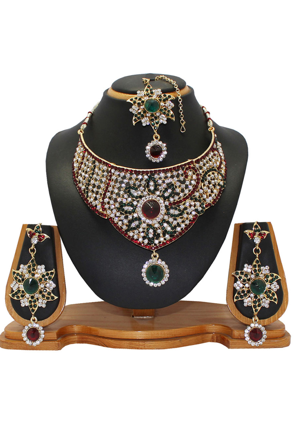 Maroon Zinc Austrian Diamonds Necklace With Earrings and Maang Tikka 64331