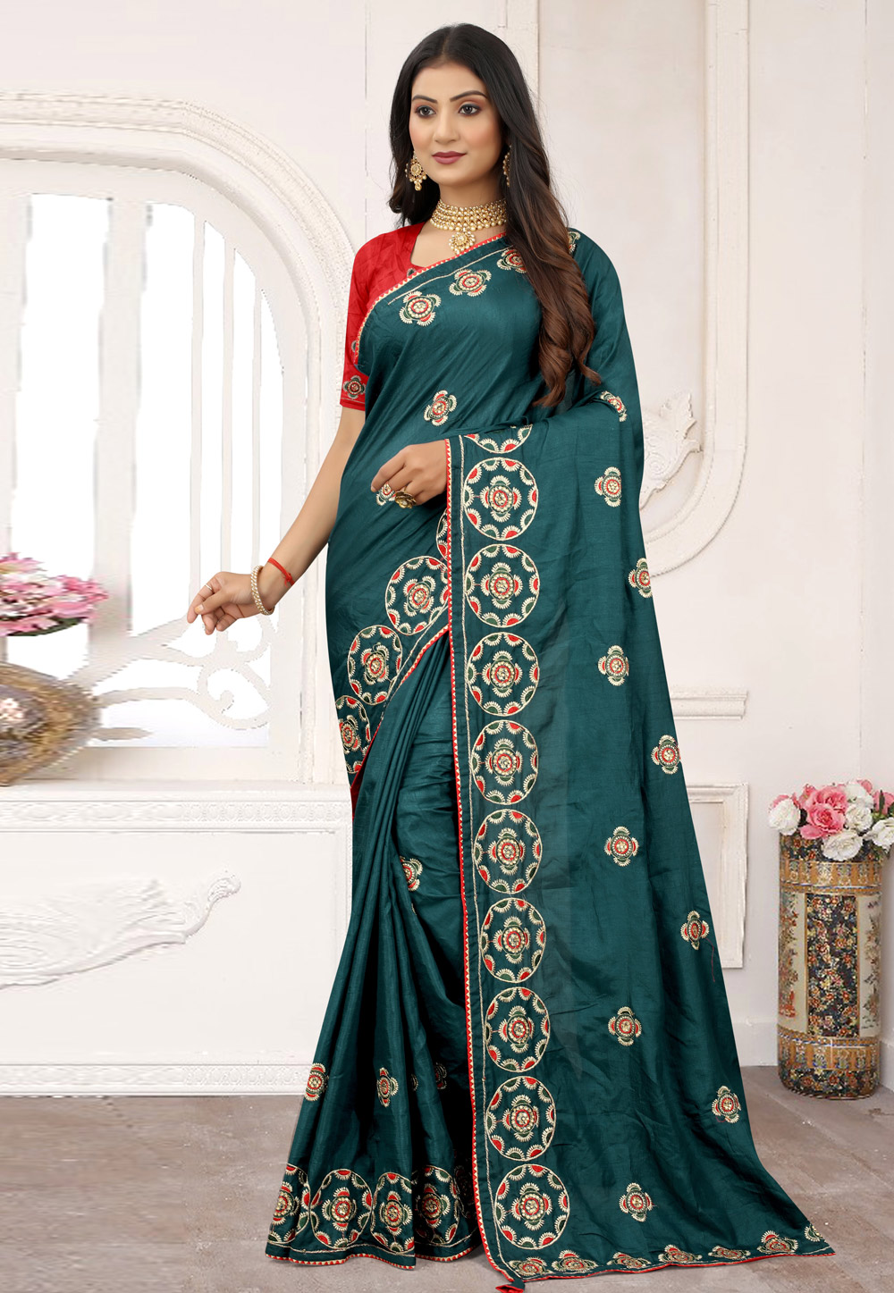 Teal Silk Saree With Blouse 248768