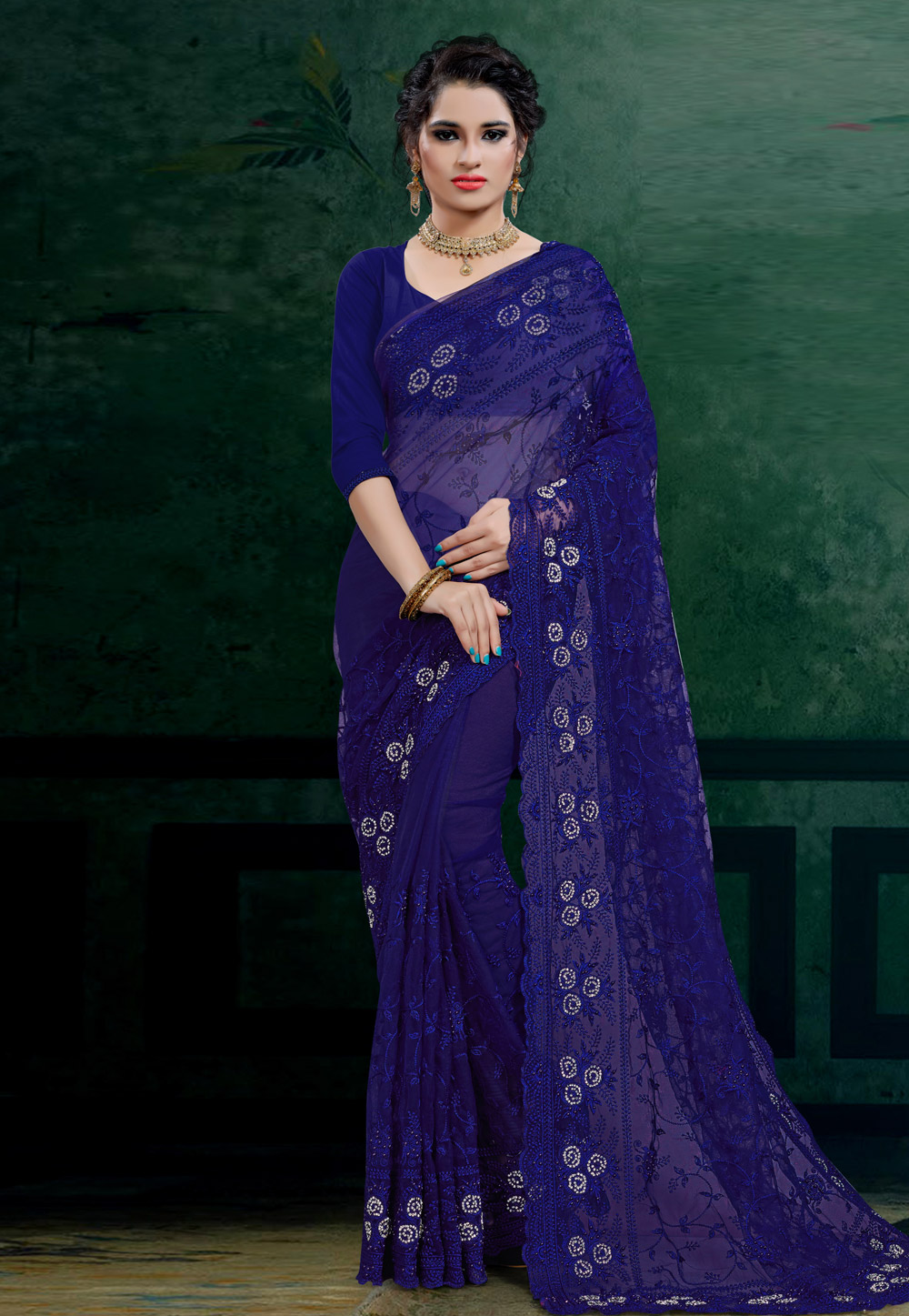 Blue Net Saree With Blouse 206103
