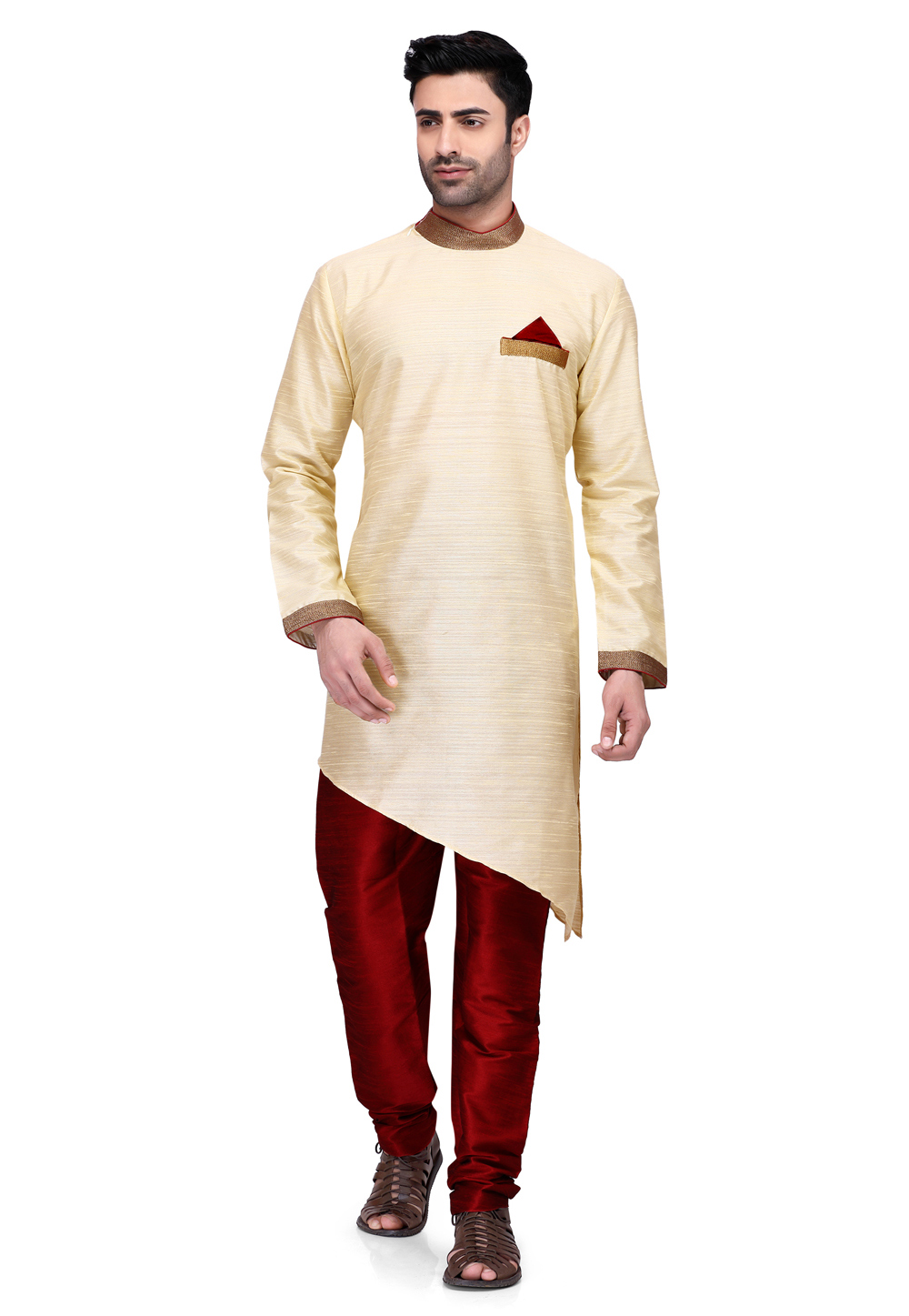Beige Art Silk Readymade Indo Western Suits 168934