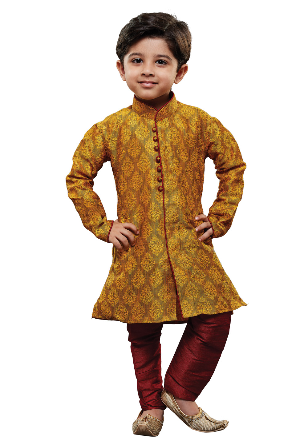 Mustard Cotton Kids Readymade Indo Western Suit 169922