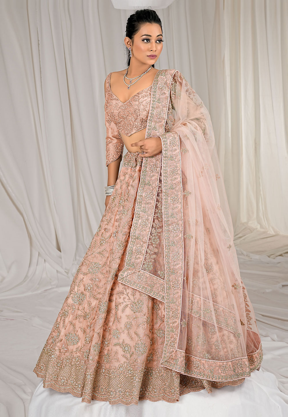 Peach Net Circular Lehenga Choli 273713