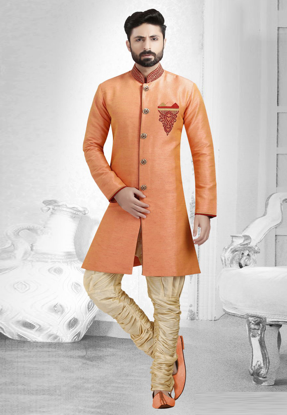 Peach Dupion Silk Readymade Indo Western Suit 182805