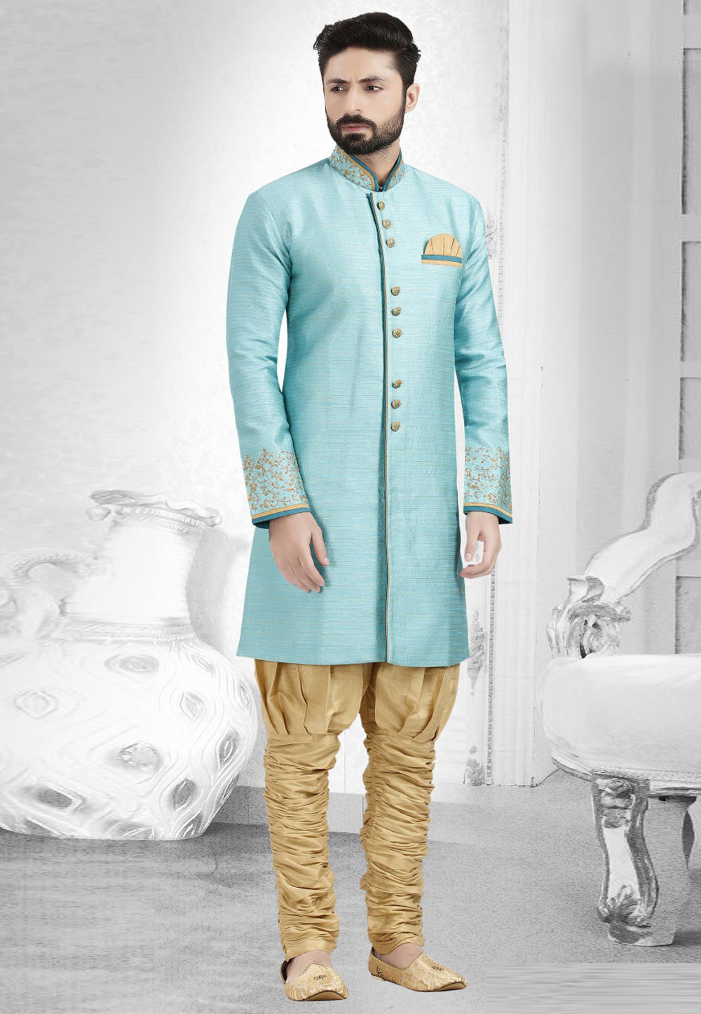 Aqua Dupion Silk Readymade Indo Western Suit 182808