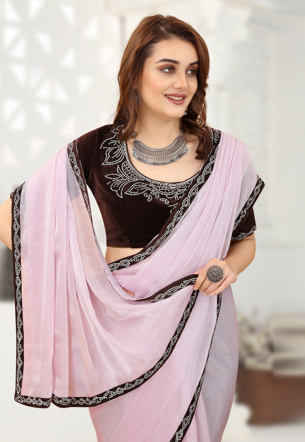 Buy Peach Swarovski Georgette Saree - Koskii