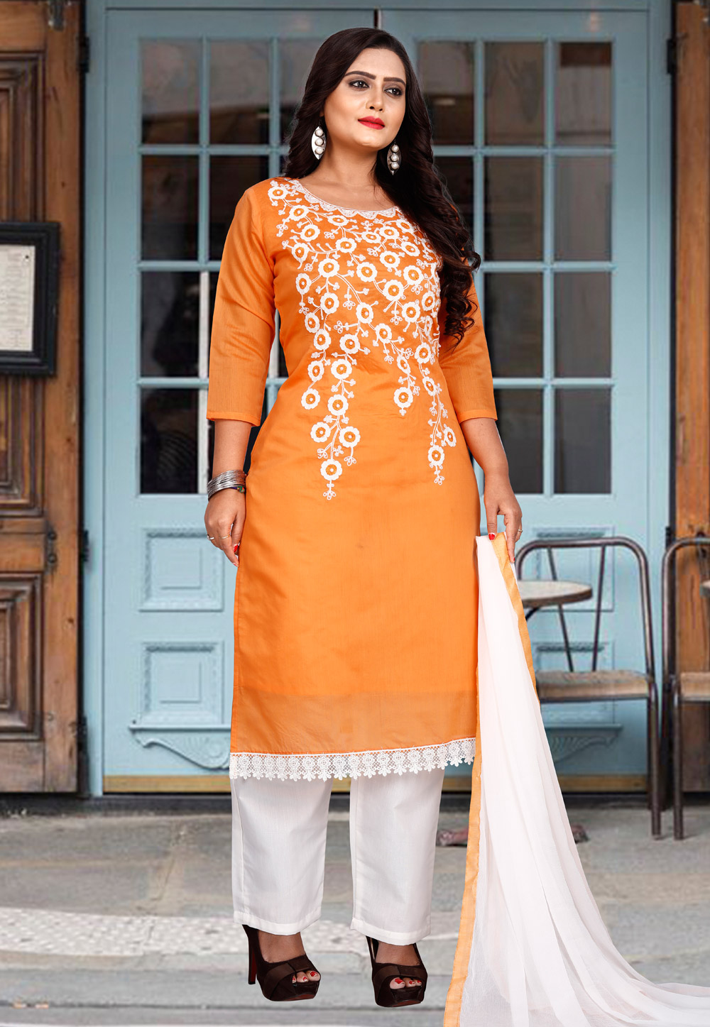 Orange Chanderi Cotton Pant Style Suit 212341