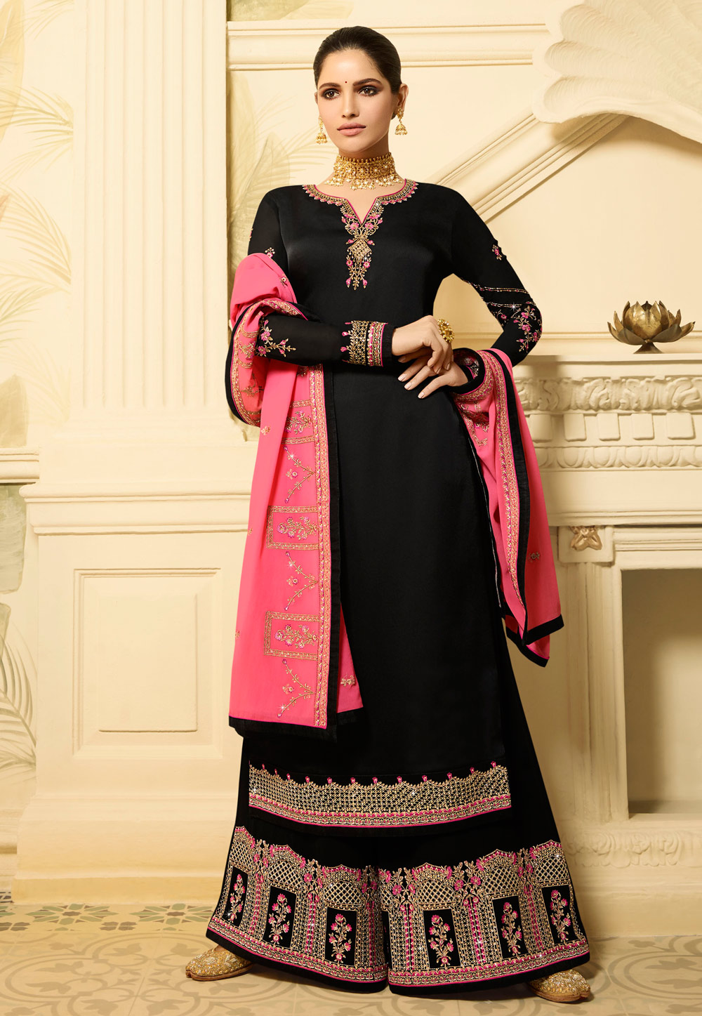 Black Satin Embroidered Kameez With Palazzo 169564