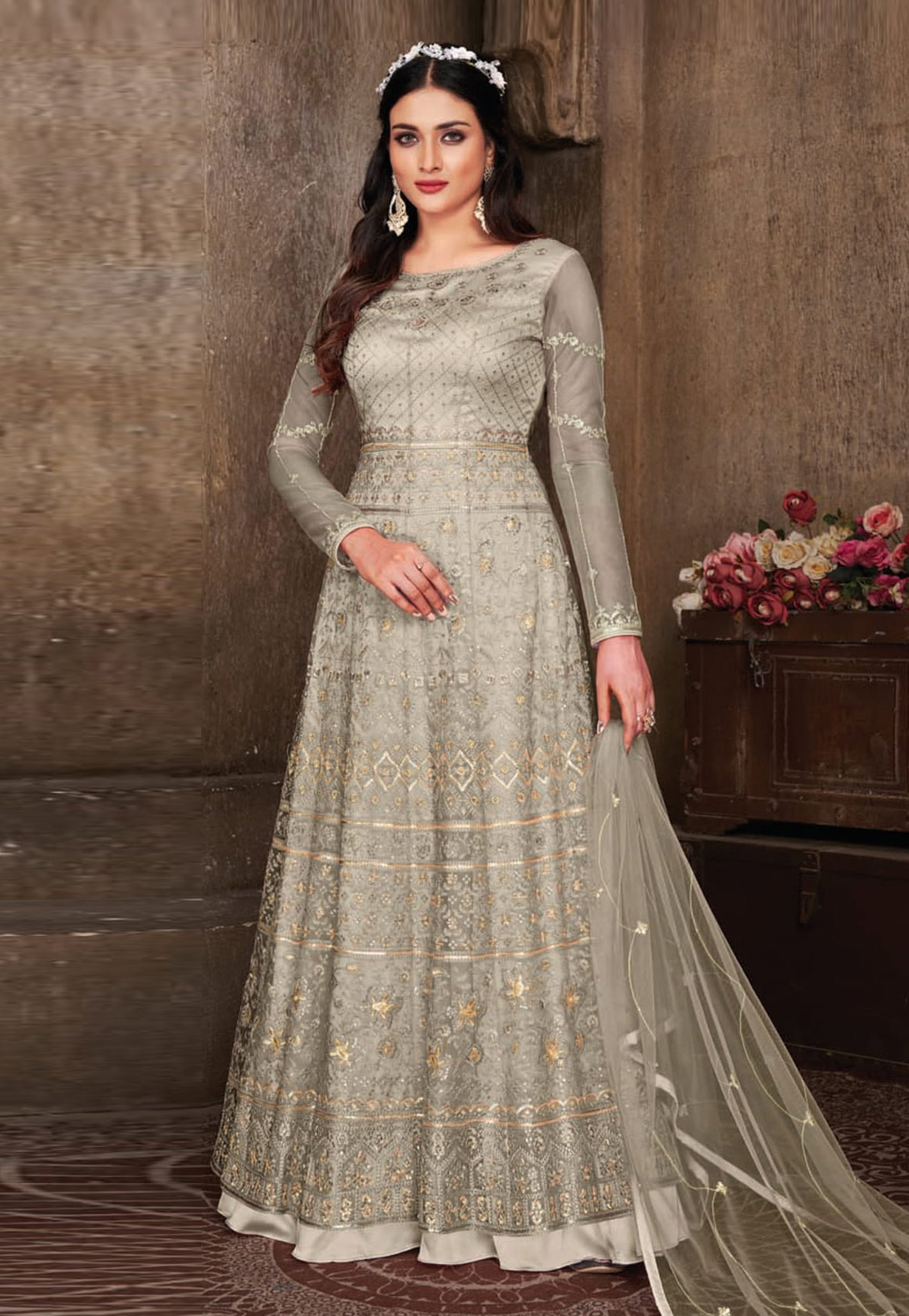 Grey Net Long Anarkali Suit 257437