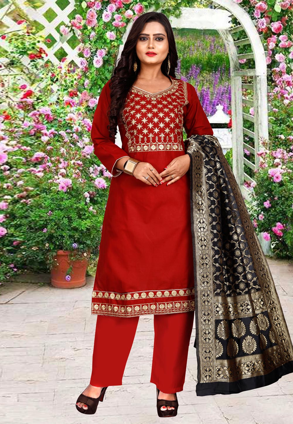 Red Cotton Pant Style Suit 212337