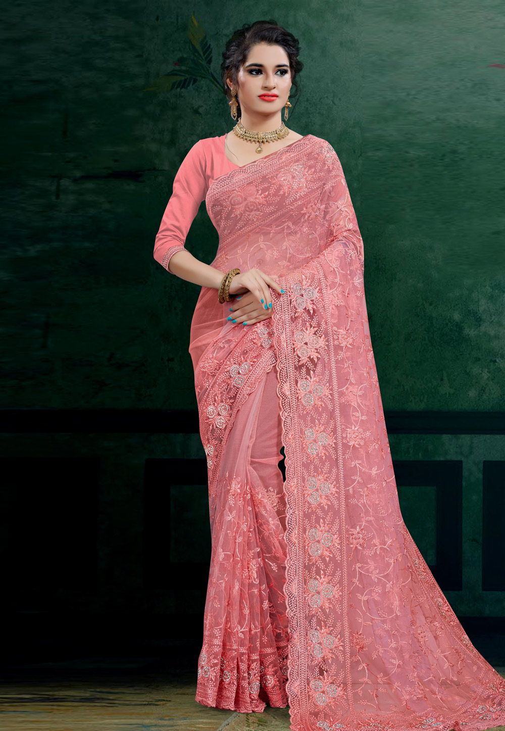 Pink Net Saree With Blouse 206107
