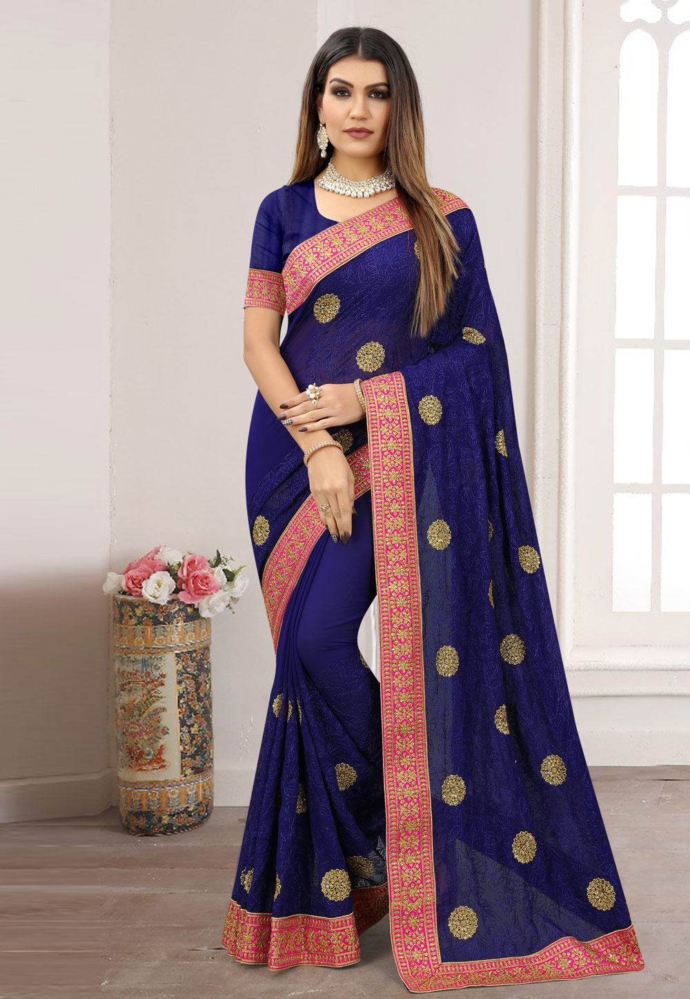 Navy Blue Georgette Saree With Blouse 249528