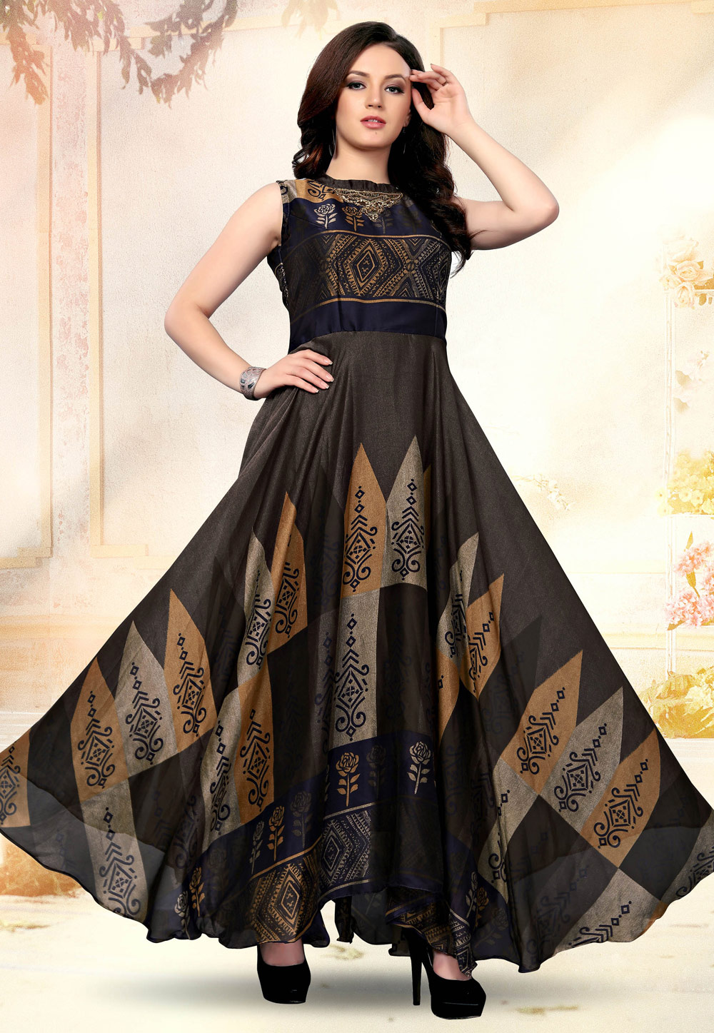 Brown Silk Readymade Flared Gown 169612