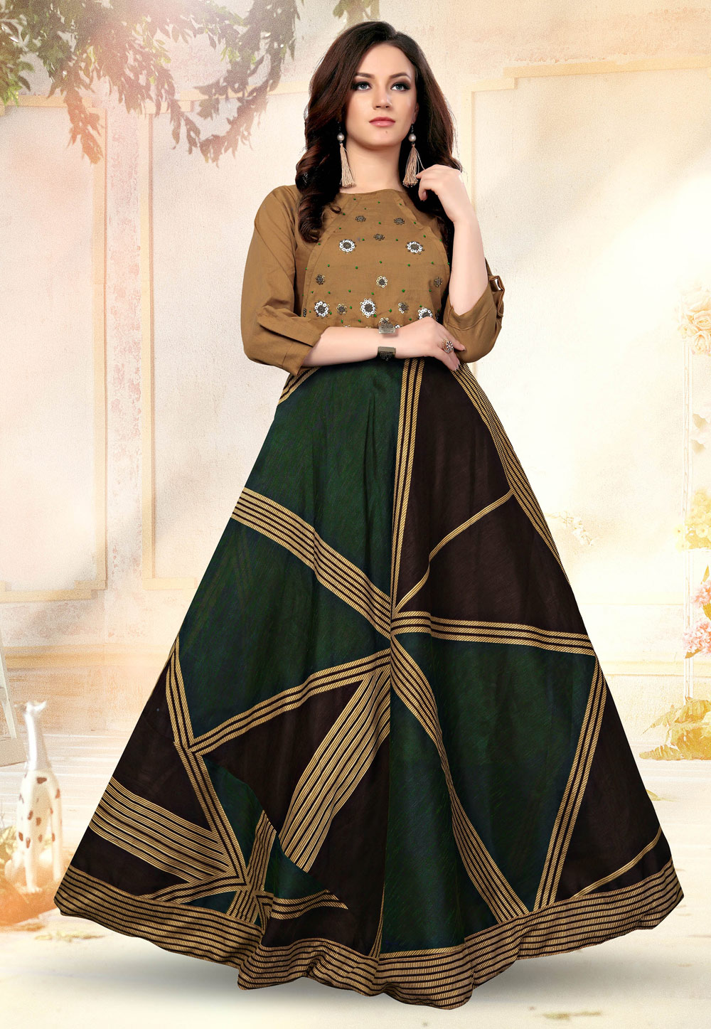 Green Cotton Readymade Gown 169613