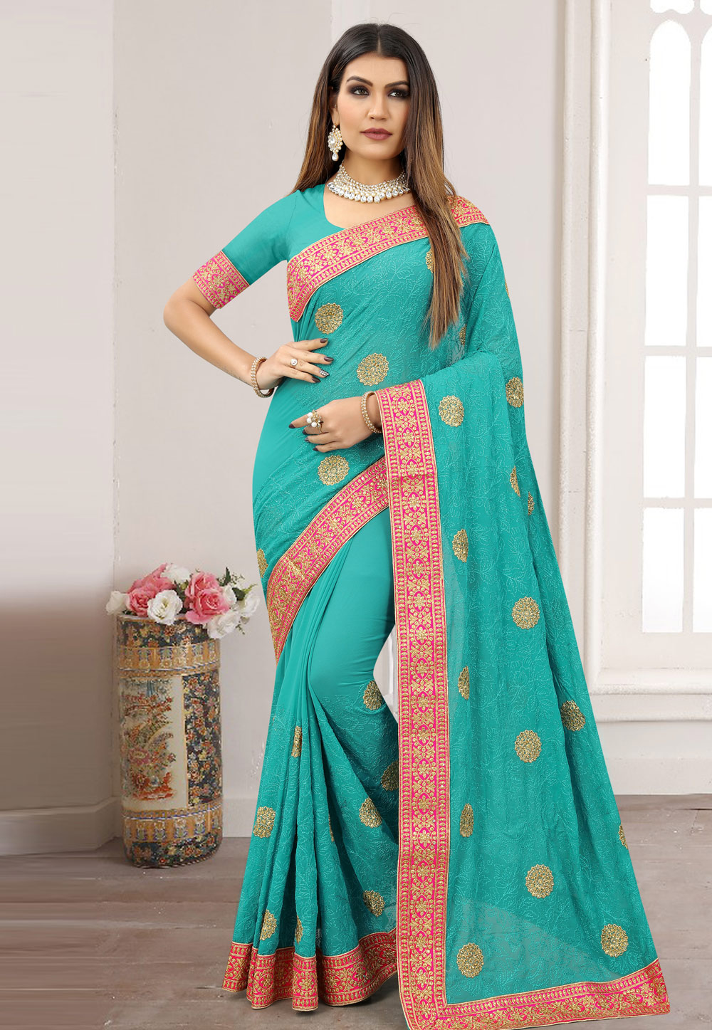 Sky Blue Georgette Saree With Blouse 249529
