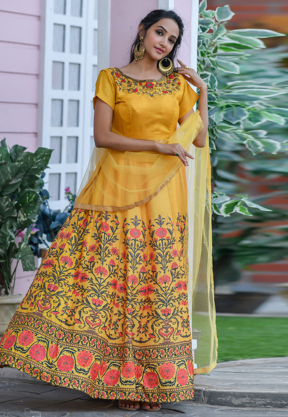 Yellow Silk Abaya Style Anarkali Suit 212639