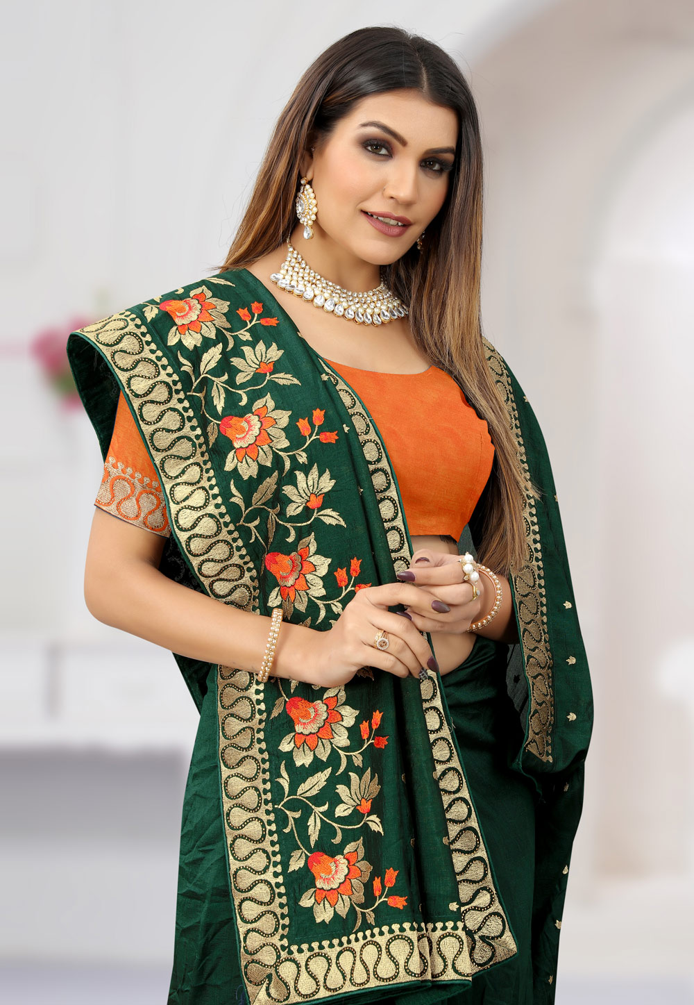 Art Silk Base Dark Green Color Saree With Stone And Sequins Work