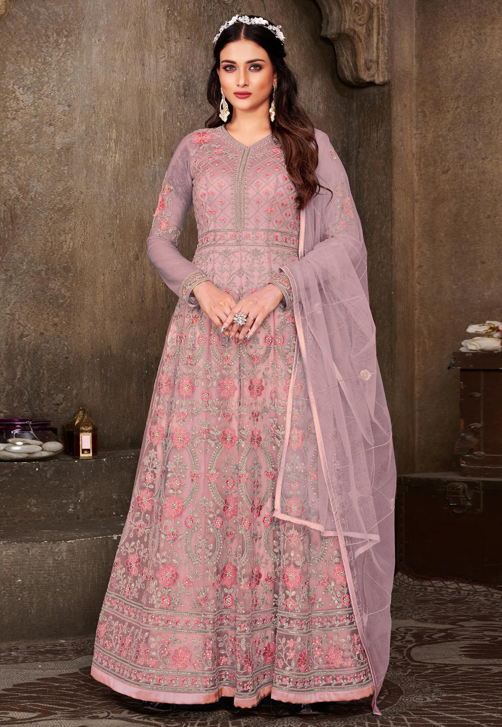 Pink Net Abaya Style Anarkali Suit 260027