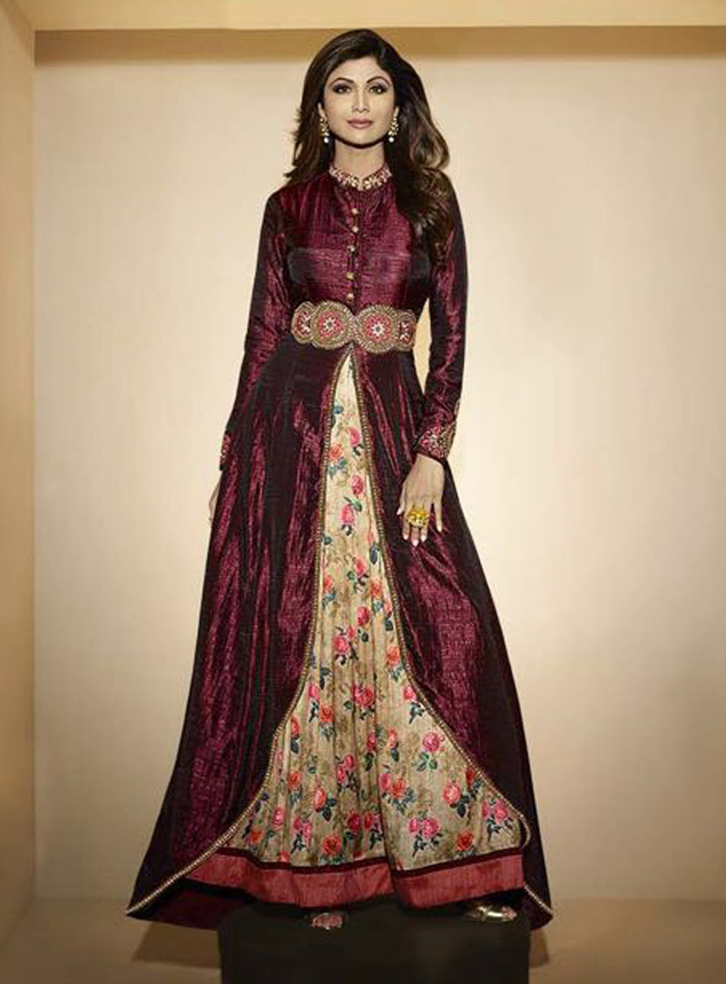 Shilpa Shetty Maroon Raw Silk Bollywood Suit 68635