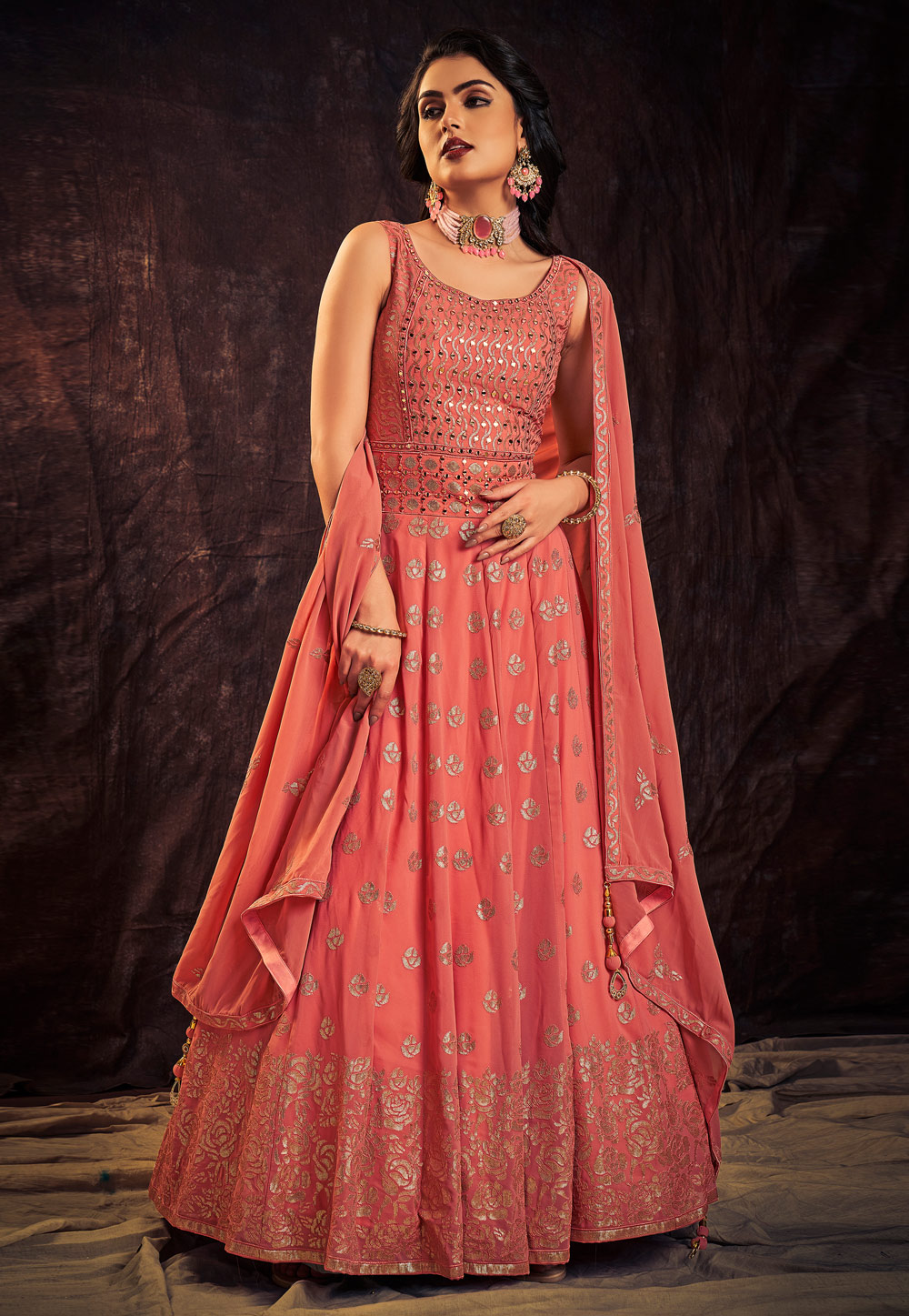 Pink Georgette Readymade Long Anarkali Suit 264686