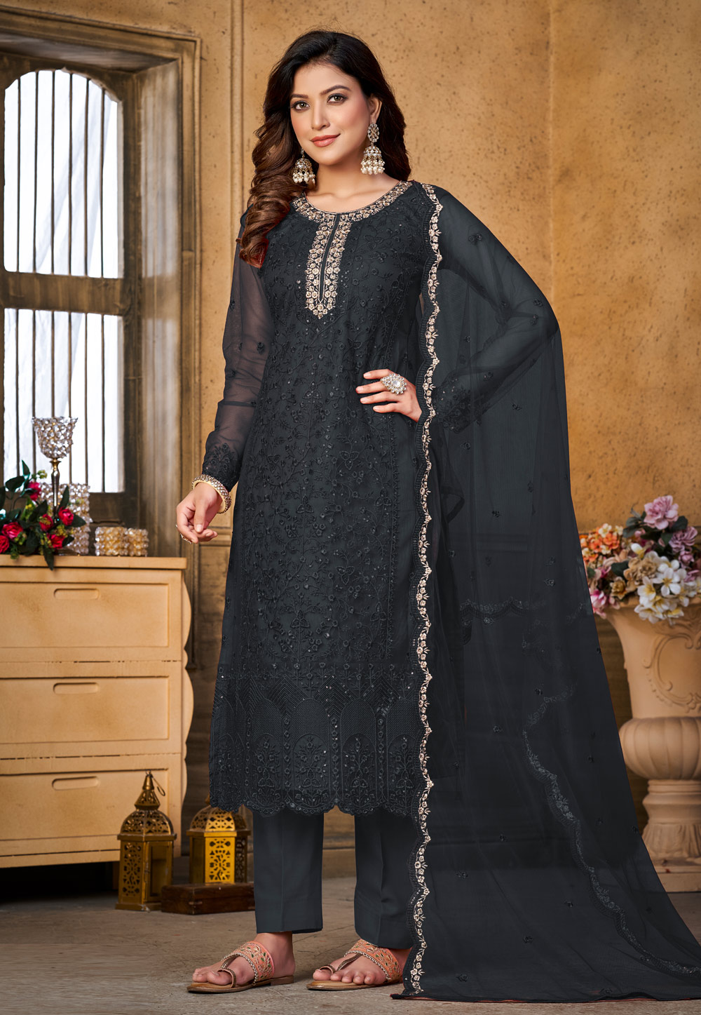 Black Net Embroidered Pant Style Suit 266205