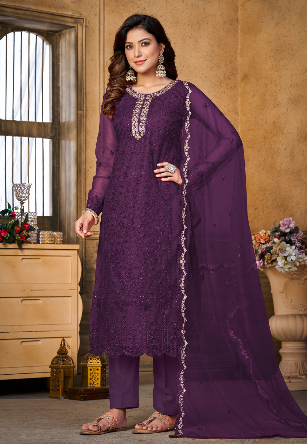 Purple Net Embroidered Pakistani Suit 266206