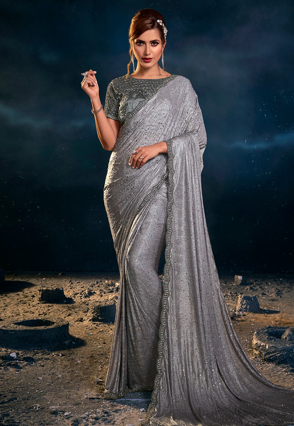 Grey Shimmer Saree With Blouse 250754