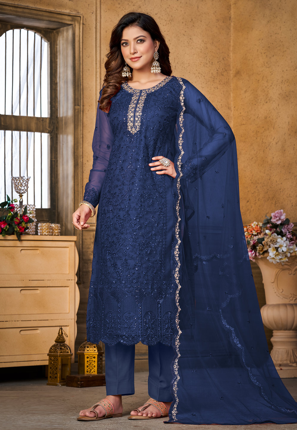 Navy Blue Net Embroidered Pant Style Suit 266207